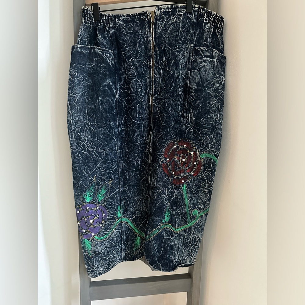 1980s Acid Floral Design Skirt w/ Silver Rhinestone Accents